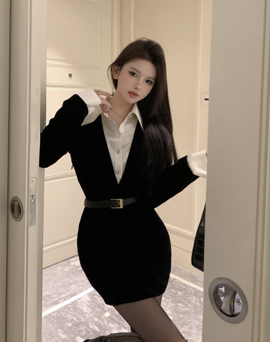 X392 inter new เดรสกระโปรงผ้ากำมะหยี่มีเข็มขัดสำหรับผู้หญิง