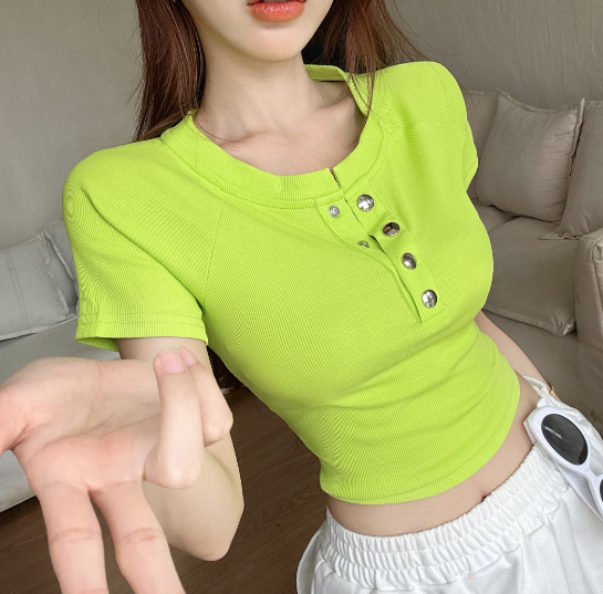 X309 ใหม่เก๋คอวีสาวร้อนแขนสั้นเสื้อยืดผู้หญิง