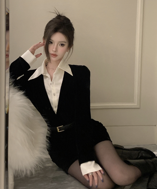 X392 inter new เดรสกระโปรงผ้ากำมะหยี่มีเข็มขัดสำหรับผู้หญิง