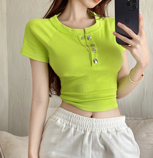 X309 ใหม่เก๋คอวีสาวร้อนแขนสั้นเสื้อยืดผู้หญิง