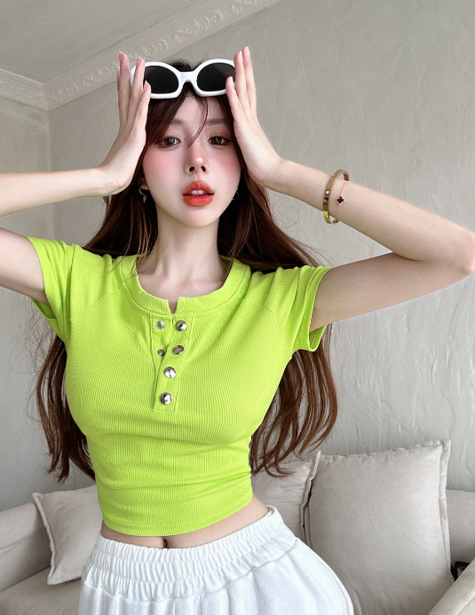 X309 ใหม่เก๋คอวีสาวร้อนแขนสั้นเสื้อยืดผู้หญิง