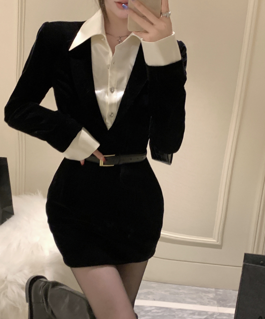 X392 inter new เดรสกระโปรงผ้ากำมะหยี่มีเข็มขัดสำหรับผู้หญิง