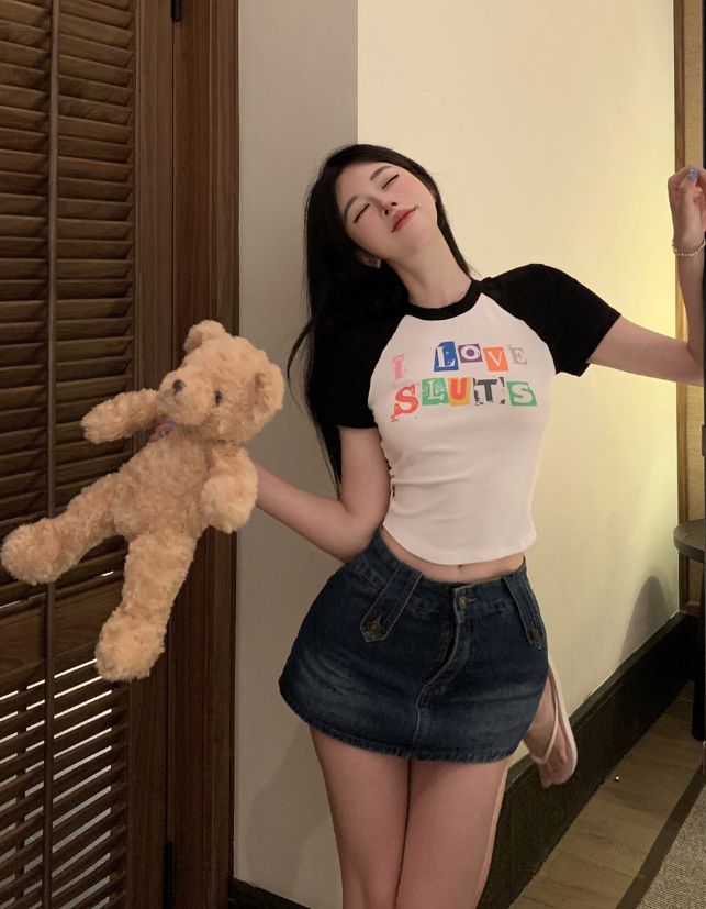 X558 เสื้อมินิทีเชิตสไตส์ เสื้อยืดคอกลมแขนสั้นพิมพ์ลาย