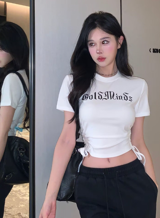 X271 Letter Print Drawstring Slim Cropped Top