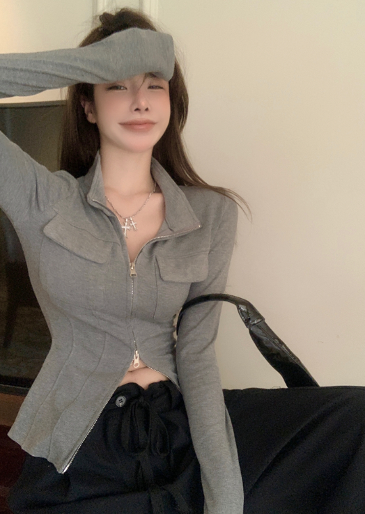 X359 เสื้อแจ็คเก็ตสตรีคอตั้งซิปคู่สีเทา