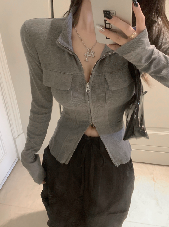 X359 เสื้อแจ็คเก็ตสตรีคอตั้งซิปคู่สีเทา