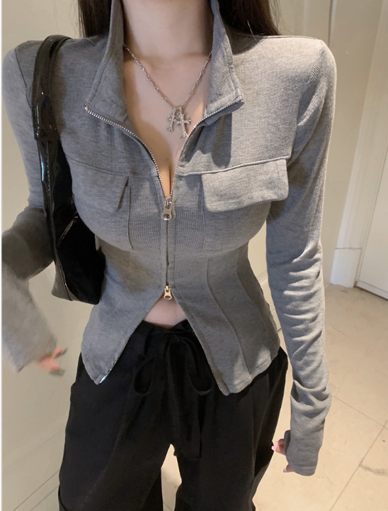 X359 เสื้อแจ็คเก็ตสตรีคอตั้งซิปคู่สีเทา