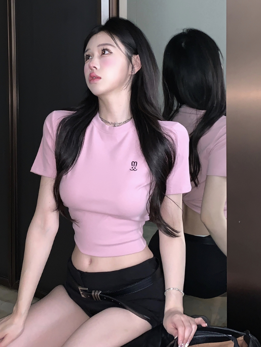 X394 เสื้อยืดแขนสั้นหญิงอารมณ์ฤดูร้อนปักเสื้อครอป