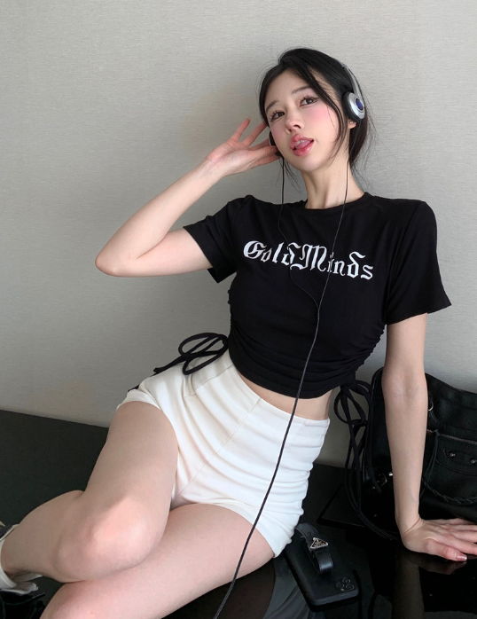 X271 Letter Print Drawstring Slim Cropped Top