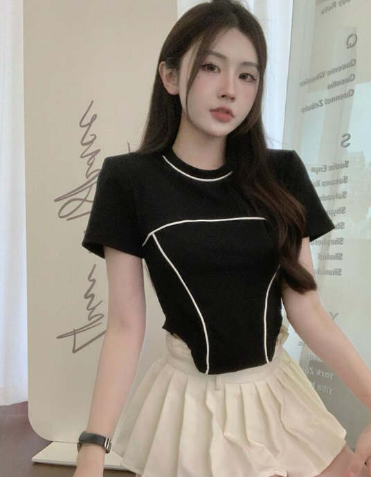 X332 ฤดูร้อนใหม่คอกลมสูงครึ่งตัวไม่สม่ำเสมอด้านบนแขนสั้นไม่สม่ำเสมอ