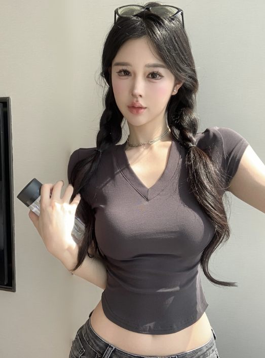 X274 เสื้อยืดคอวีแขนสั้นจีบรอบผู้หญิง