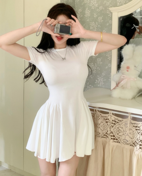 X476 Pure desire style design sense splicing slim short-sleeved dress all-match knitted skirt