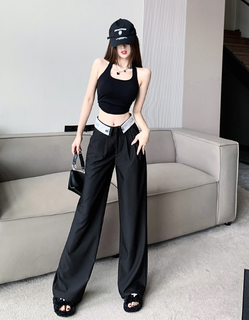 X397 ฤดูใบไม้ผลิและฤดูร้อนใหม่อินเทรนด์เอว valgus ผ้าม่านถูพื้นชุดกางเกงผู้หญิงสบายๆตรงกางเกงขากว้าง