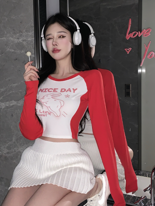 X334 เสื้อยืดคอกลมแขนยาวพิมพ์ลายกระต่าย