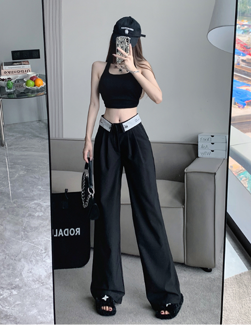 X397 ฤดูใบไม้ผลิและฤดูร้อนใหม่อินเทรนด์เอว valgus ผ้าม่านถูพื้นชุดกางเกงผู้หญิงสบายๆตรงกางเกงขากว้าง