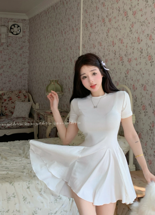 X476 Pure desire style design sense splicing slim short-sleeved dress all-match knitted skirt