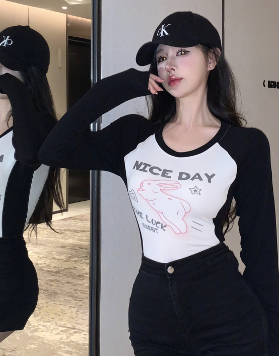 X334 เสื้อยืดคอกลมแขนยาวพิมพ์ลายกระต่าย