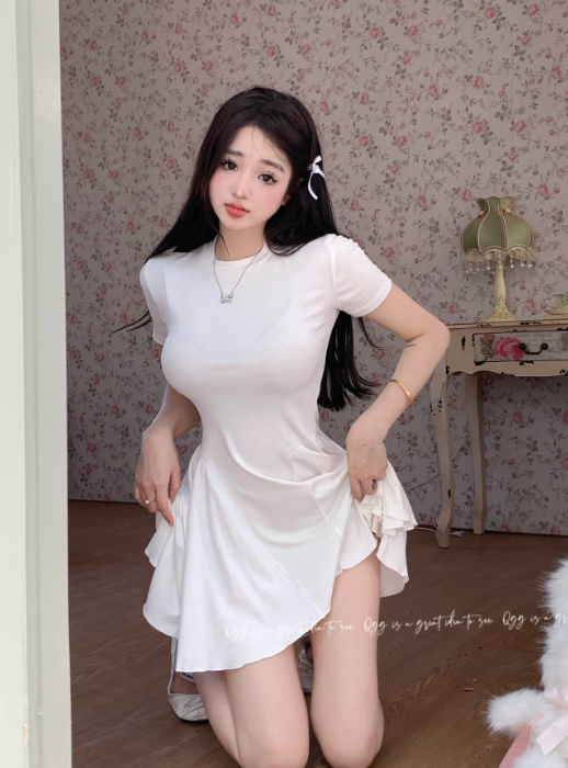 X476 Pure desire style design sense splicing slim short-sleeved dress all-match knitted skirt