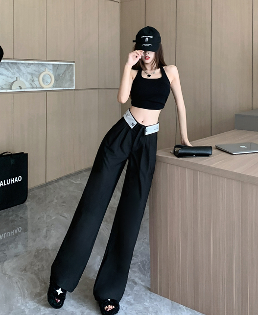 X397 ฤดูใบไม้ผลิและฤดูร้อนใหม่อินเทรนด์เอว valgus ผ้าม่านถูพื้นชุดกางเกงผู้หญิงสบายๆตรงกางเกงขากว้าง