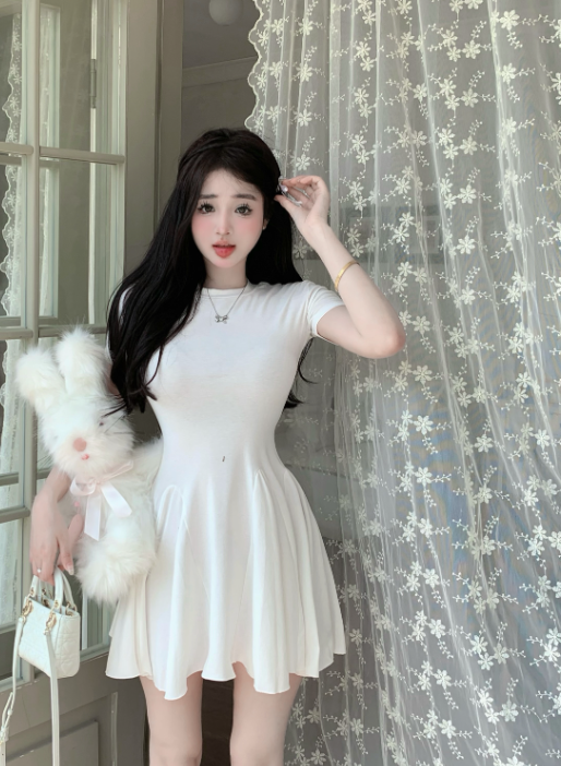 X476 Pure desire style design sense splicing slim short-sleeved dress all-match knitted skirt