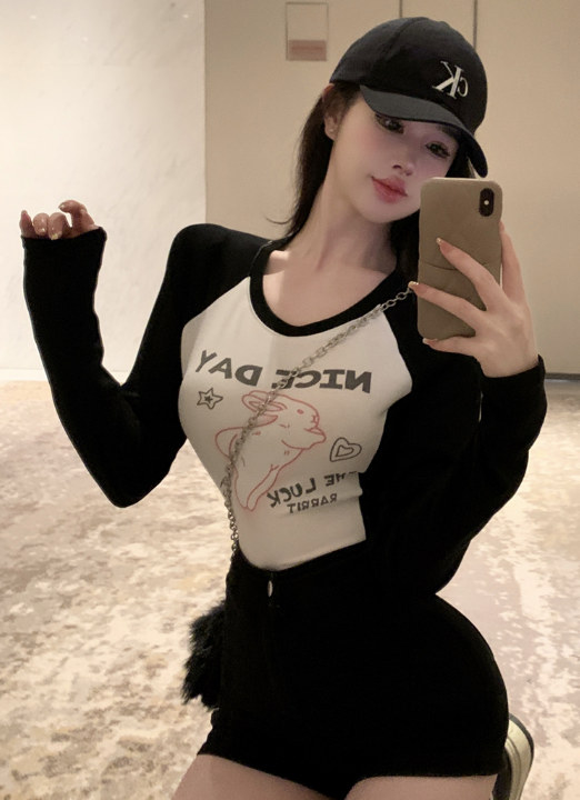 X334 เสื้อยืดคอกลมแขนยาวพิมพ์ลายกระต่าย