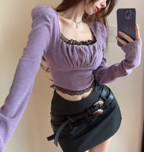 X364 เสื้อสเวตเตอร์ถักคอสี่เหลี่ยมสไตล์ฝรั่งเศสที่อ่อนโยนและอ่อนหวานในต้นฤดูใบไม้ผลิ