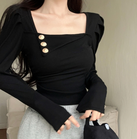 X276 spring new French square collar design sense niche t-shirt
