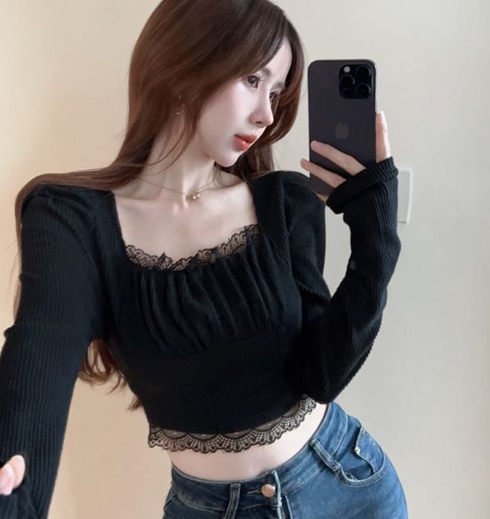 X364 เสื้อสเวตเตอร์ถักคอสี่เหลี่ยมสไตล์ฝรั่งเศสที่อ่อนโยนและอ่อนหวานในต้นฤดูใบไม้ผลิ