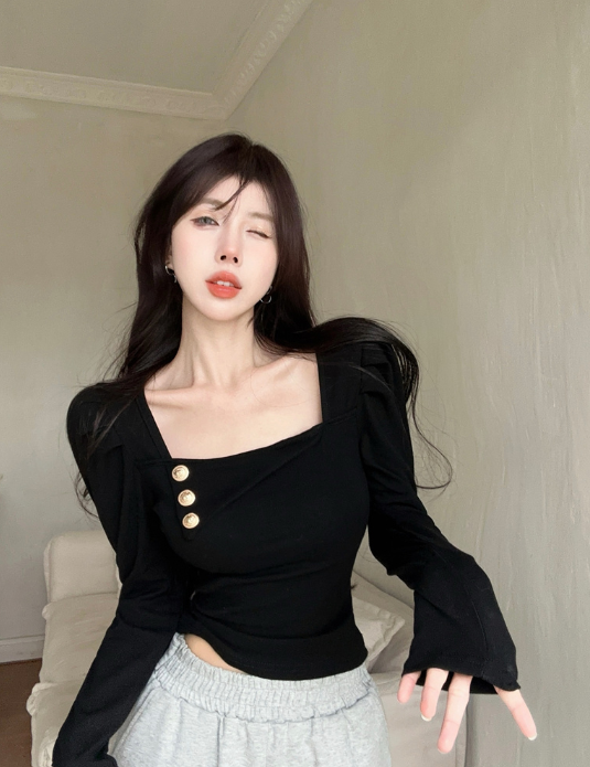 X276 spring new French square collar design sense niche t-shirt