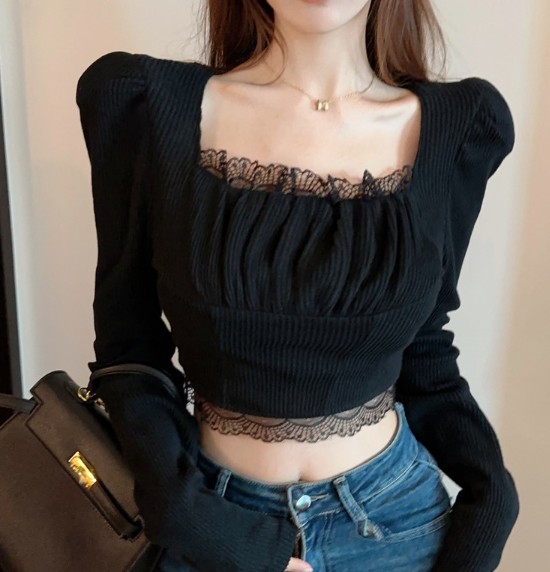 X364 เสื้อสเวตเตอร์ถักคอสี่เหลี่ยมสไตล์ฝรั่งเศสที่อ่อนโยนและอ่อนหวานในต้นฤดูใบไม้ผลิ
