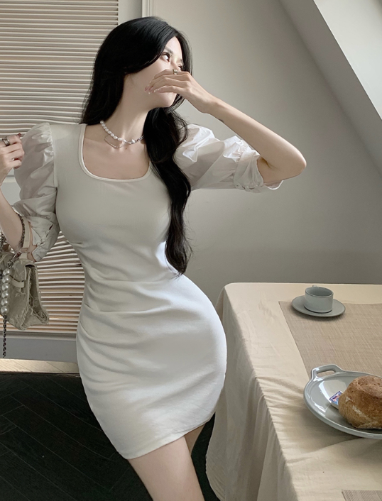 X365 เดรสคอปกแขนพองแต่งระบายช่วงเอวและกระโปรง