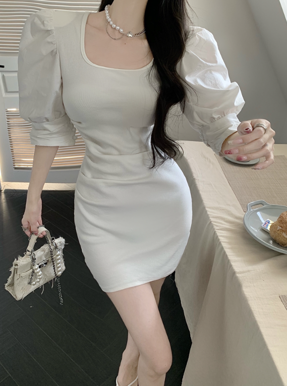 X365 เดรสคอปกแขนพองแต่งระบายช่วงเอวและกระโปรง