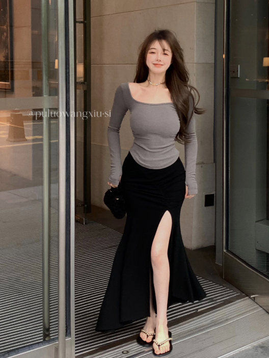 X410 ใหม่ เสื้อโค้ง + กระโปรงหางปลาผ่า