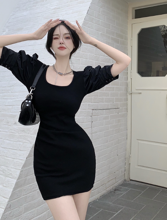 X365 เดรสคอปกแขนพองแต่งระบายช่วงเอวและกระโปรง