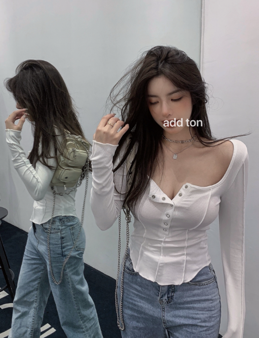 X366 เสื้อยืดคอยูแขนยาวผู้หญิงฤดูใบไม้ผลิ