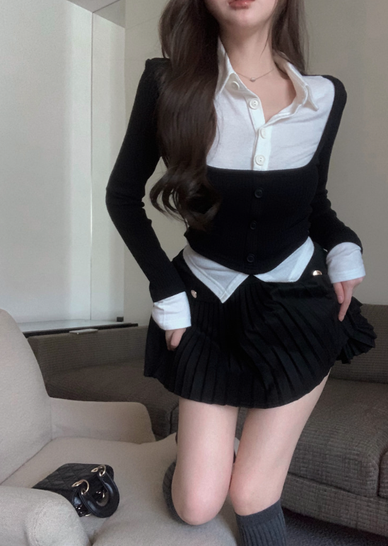 X113 New long-sleeved T-shirt + pleated A-line skirt