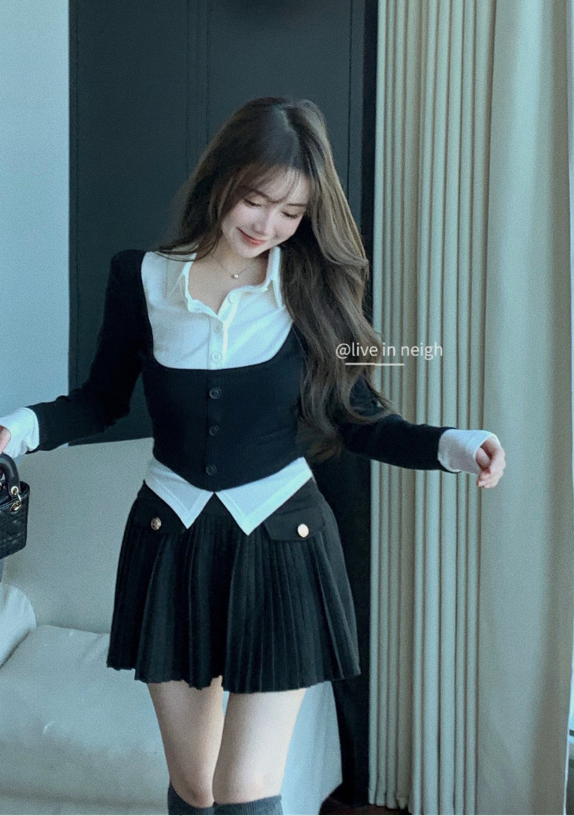 X113 New long-sleeved T-shirt + pleated A-line skirt