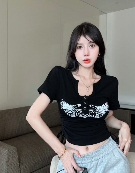 X427 เสื้อยืดแขนสั้นสตรีมีเชือกผูกอารมณ์เฉพาะ