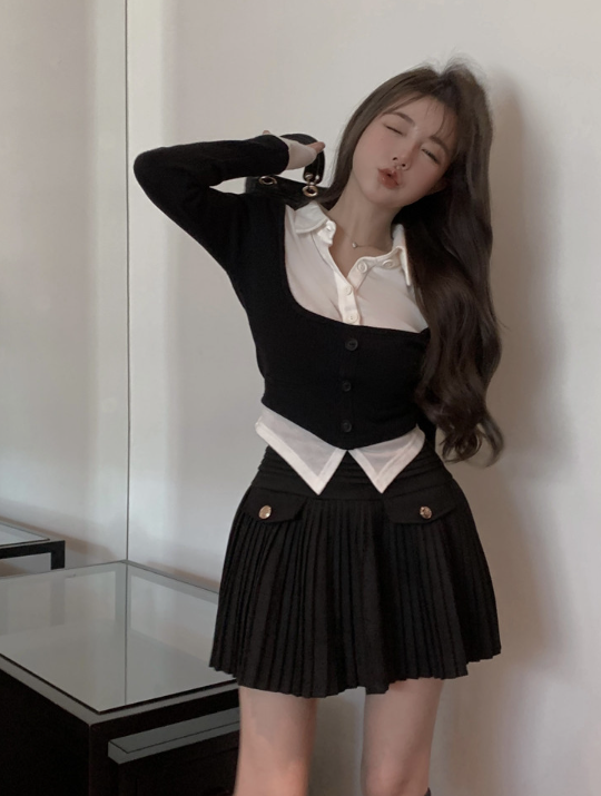 X113 New long-sleeved T-shirt + pleated A-line skirt
