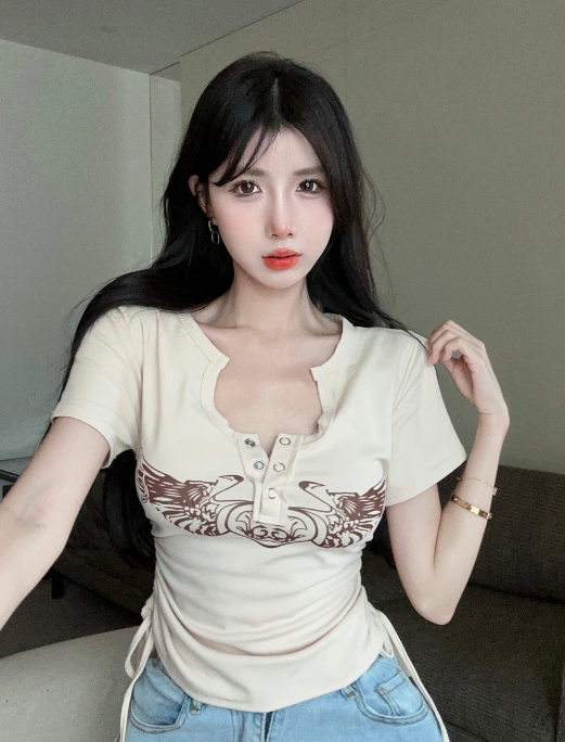 X427 เสื้อยืดแขนสั้นสตรีมีเชือกผูกอารมณ์เฉพาะ