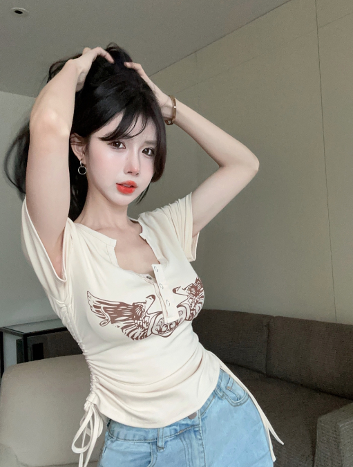 X427 เสื้อยืดแขนสั้นสตรีมีเชือกผูกอารมณ์เฉพาะ