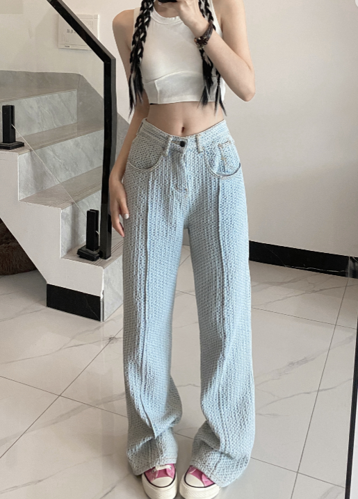 X339 Light blue high-waisted  jeans women's summer loose design sense niche patchwork top-line straight long pants