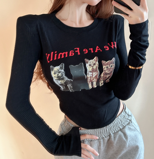 X197 เสื้อยืดแขนยาวพิมพ์ลายสลิมหญิง
