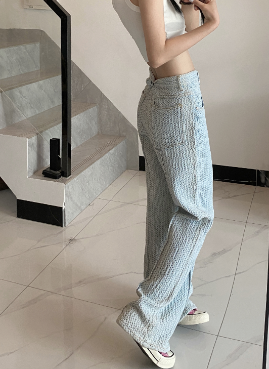 X339 Light blue high-waisted  jeans women's summer loose design sense niche patchwork top-line straight long pants