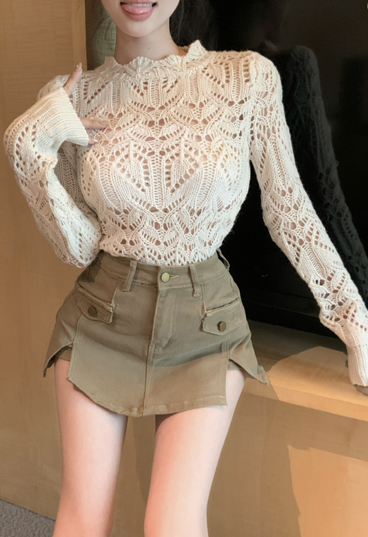 เสื้อสเวตเตอร์ X319 แสดงอารมณ์บาง ๆ คาร์โก้แยกกางเกงกระโปรงยีนส์ลำลองผู้หญิง