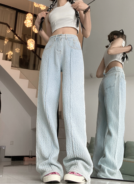 X339 Light blue high-waisted  jeans women's summer loose design sense niche patchwork top-line straight long pants