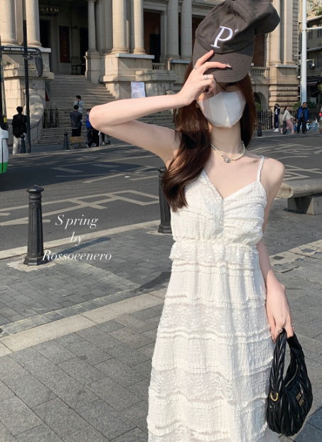 X428 เดรสลูกไม้หูรูดสไตล์ฝรั่งเศสหวานเผ็ดกระโปรงดูบางและยาวคลุมเข่า