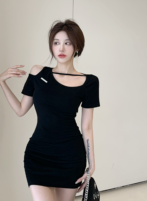 X429 กุทัณฑ์กลวงปิดไหล่เอวสูงแขนสั้นชุดกระโปรงสะโพก