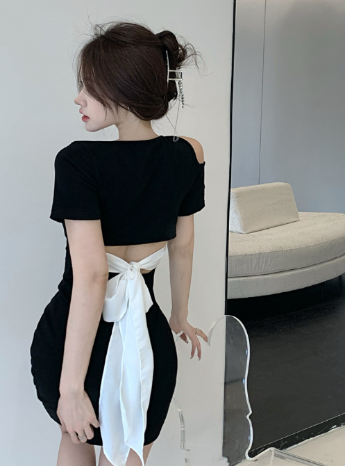 X429 กุทัณฑ์กลวงปิดไหล่เอวสูงแขนสั้นชุดกระโปรงสะโพก