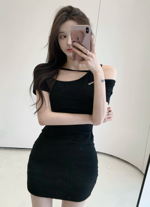 X429 กุทัณฑ์กลวงปิดไหล่เอวสูงแขนสั้นชุดกระโปรงสะโพก